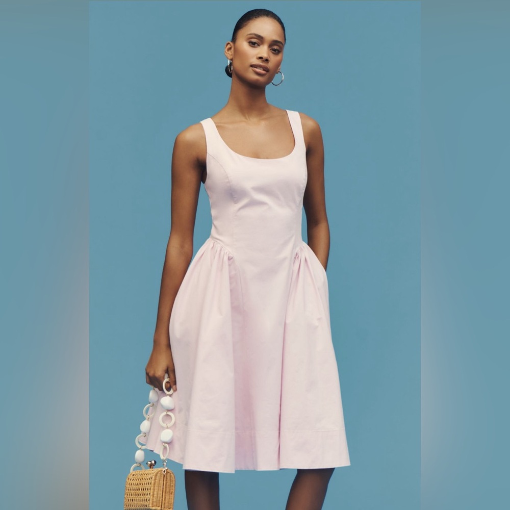 Sleeveless Scoop-Neck Basque-Waist Midi Dress S NWT